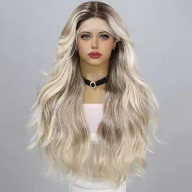 European And American Fashion T-shaped Lace Gold Gradient Wavy Curly Hair Wigs Shipped From Warehouse (Option: Golden gradient-28in)