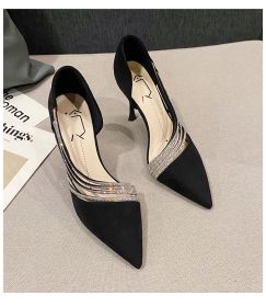 Women's Pumps; Evening Party High Heels Ladies Pointed Toe Nude Leather Black Suede Gold Patent Leather Strappy (Color: beige 5cm, Shoe Size: 34)