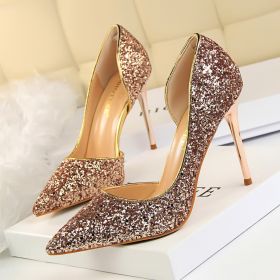 Women's Pumps; sexy women's high-heeled shoes; thin heel pointed leather shoes; hollow sides; sequins decoration (colour: black, size: 43)